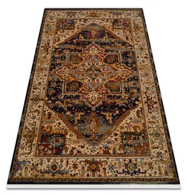 Image de Tapis en laine KESHAN franges, Ornement, cadre oriental 2886/53511 beige / bleu foncé  beige 80x145 cm