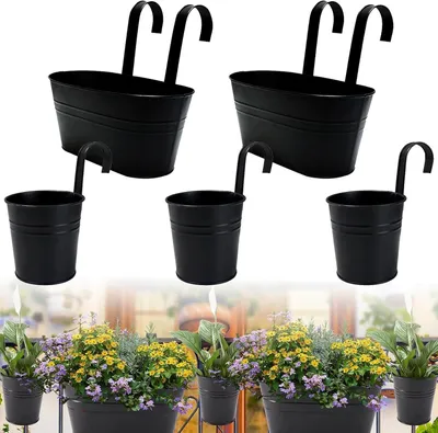 Produktbild von Set von 5 Hängenden Blumentöpfen, Metall Pflanzgefäße, 27 x 22 x 12 cm, mit Abnehmbaren Haken, für Balkon