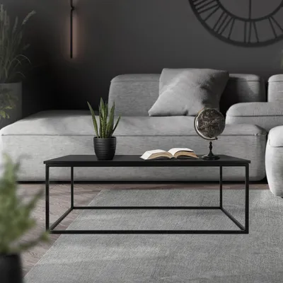 A modern living room scene with a couch, coffee table, and plant.