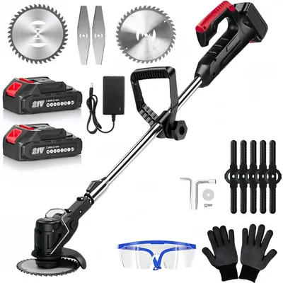 A collection of items for a cordless grass trimmer, including the trimmer itself, batteries, charger, blades, safety glasses, and gloves, laid out on a white background.