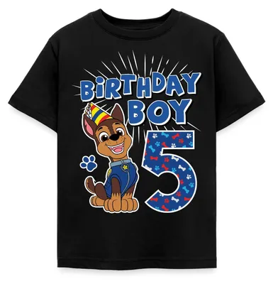 Produktbild von Spreadshirt Paw Patrol Geschenk 5 Jahre 5. Geburtstag Chase Kinder T-Shirt, 98/104 (3-4 Jahre), Schwarz