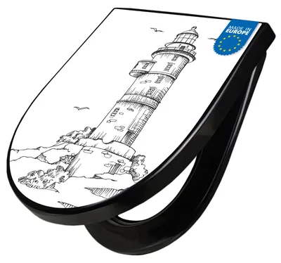 Produktbild von WC Sitz D-Form Schwarz mit Absenkautomatik Motiv Leuchtturm 6 [TDSCH3 13076]