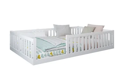 Obrázek produktu pro Dětská postel podlahová postel 120x200 cm s ochranou proti vypadnutí a roštem v bílé barvě, Montessori, 3 varianty montáže, dívčí chlapecká postel postel pro mladé 200x120 cm