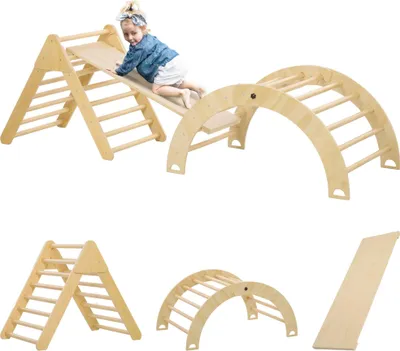 Image de Triangle d'escalade pour enfants - Structure d'escalade avec rampe et arche - 18 à 48 mois - 219 × 72,5 × 68,5 cm - Contreplaqué de pin - Bois naturel