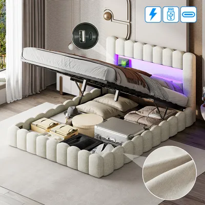 Produktbild von ProximaX Polsterbett 160x200cm mit USB, Jugendbett Doppelbett mit Lattenrost und Stauraum, Stauraumbett mit LED, Leinen, Beige