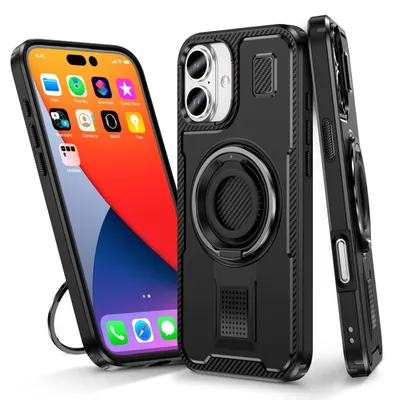 Obrázok produktu pre Pre Apple iPhone 16 Držiak prsteňa 360 stupňov Karbónový dizajn Hybridné TPU puzdro Čierne
