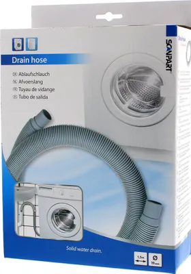 The image shows the packaging of a drain hose for a washing machine.