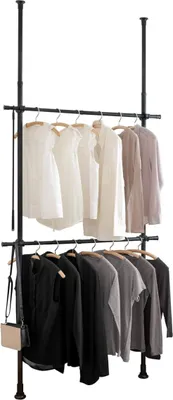 Produktbild von Wenko Herkules Basic Teleskop-Garderobensystem, Schwarz, 75-120x165-300x11 cm, pulverbeschichteter Stahl, Klemmsystem ohne Bohren, 2 Kleiderstangen, 1 Kleiderhaken, bis 20 kg