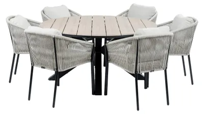 Produktbild von 7-teiliges Garten-Set rund | 6 Elvira Gartenstühle | Limasol Gartentisch ø 150 cm | Schwarz & Wood