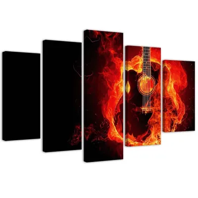 Produktbild von 5-teiliges leinwandbild brennende gitarre 200x100 cm Feeby rot wandbild bereit zum aufhängen