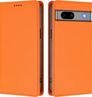Image de Etui en cuir pour Google Pixel 7A, étui magnétique en cuirPolyuréthaneavec support Orange