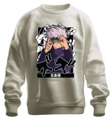 Imagen del producto de Sudadera uni con estampado de Satoru Gojo de Jujutsu Kaisen. Diseño con antifaz, cabello blanco, estética de anime. Talla M