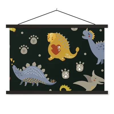 Produktbild von MuchoWow® Textilposter Dino - Kinder - Schnittmuster - Jungen - Mädchen - Dinosaurier 90x60 cm mit schwarzem Rahmen - Aufhängungssatz