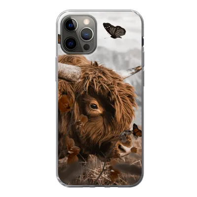 Produktbild von MuchoWow® Handyhülle Schutzhülle Hülle für iPhone 12 Pro Scottish Highlander - Schmetterlinge - Pflanzen Silikon Softcase Handy Hülle - Abdeckung