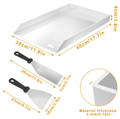 Obrázok produktu pre Grilovacia doska z nehrdzavejúcej ocele – vhodná pre plynové a drevené uhlie grily – 30 x 45 x 4 cm – bez rúčky – odolná voči korózii a poškriabaniu – 2 grilovacie špachtle – strieborná