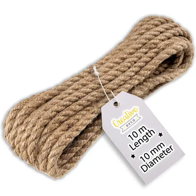 Obrázok produktu pre Creative Deco Jutové Lano | 10 m Dlhé | 10 mm Hrubé | Konopné Lano Silné a Odolné Lano | Krútená šnúra z Priadze | Prírodná Hnedá Jutová šnúra | Lano na ťahanie Lana Šnúrové Zábradlie
