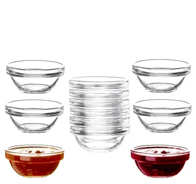 Produktbild von Thats Shopping GmbH, 12er Dipschalen-Set aus gehärtetem Glas, Ø oben 6 cm, 30 ml Fassungsvermögen, Höhe ca. 2,5 cm, Ø unten ca. 3 cm, Glasstärke ca. 0,27 cm, Stapelbar, Spülmaschinen- & Mikrowellengeeignet, für Dips, Marmelade & Konfitüre.