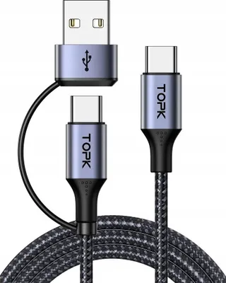 Image de Câble de recharge 3 en 1 USB C + USB A vers USB-C 2.0 PD 60 W 480 Mb/s TOPK 1 m