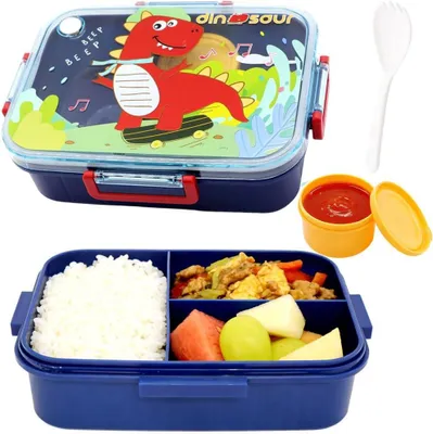 Produktbild von Dinosaurier-Lunchbox mit Fächern, Dinosaurier-Bento-Box, auslaufsichere Bento-Box mit Besteck, Frühstücksbox, Snackbox, Lunchbox, Essensbox für Schule, Reisen, Picknick
