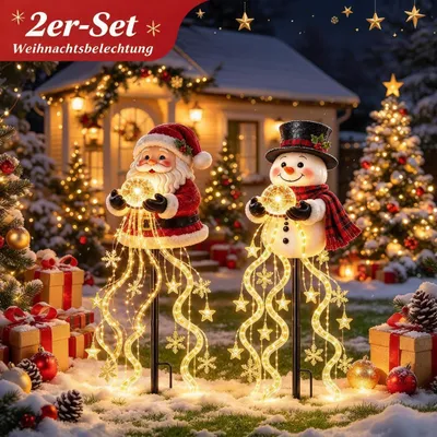 Produktbild von 2er-Set Weihnachts-Solar-Gartenstecker, Weihnachtsmann & Schneemann, Leuchtkugel, Lichtstränge, Sterne & Schneeflocken, Nacht-Automatik, wetterfest