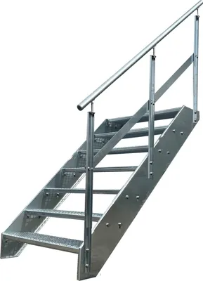 A galvanized steel staircase with a handrail on a white background.
