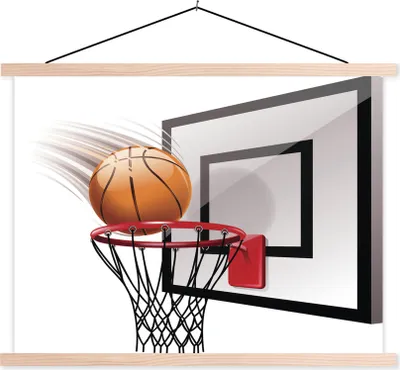 Produktbild von MuchoWow® Textilposter Eine Illustration eines Basketballs, der in den Korb fällt 120x90 cm mit holzfarbenen Rahmen - Magnetisch