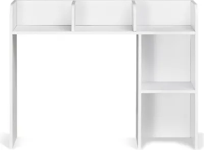 A white desk with shelves on a white background.
