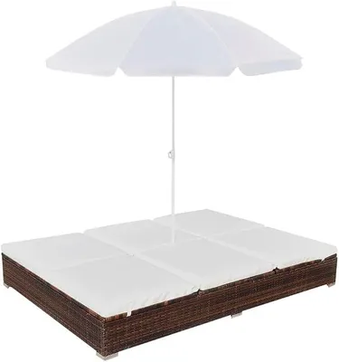 Produktbild von Outdoor-Loungebett aus braunem PE-Rattan mit verstellbarer Doppelliege, wasserabweisenden Polstern, klappbarem Sonnenschirm, wetterfest für Terrasse, Garten, Balkon und Poolbereich