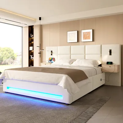 Produktbild von okwish Polsterbett 160×200 mit Matratze und Nachtlicht,Jugendbett mit Schubladen und USB-C,Doppelbett mit Bettkasten,Beige