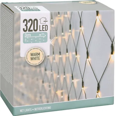 The image shows the packaging of a net light product, with a close-up of the front of the box. The packaging displays product information and an image of the lights.