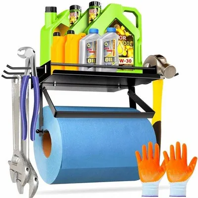 Produktbild von Garagepapierhalter mit Holzplatte, hochwertige Metallhalter für Küchenpapier, Wandmontage mit 6 Haken, einfach abnehmbar, Garageorganisation und -speicherung, robust, hält 22,7 kg