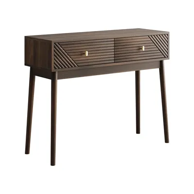 A dark wood console table with two drawers and gold knobs, shown against a white background.