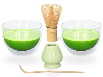 Produktbild von Matcha Set / Matchaset / 2x Matcha Schale 400ml aus doppelwandigem Thermo-Glas mit Besen/Löffel und Halter