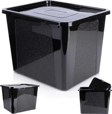 A black storage container with a textured pattern on the sides and a lid.