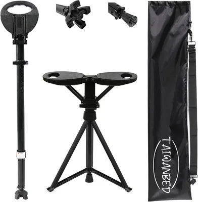Immagine prodotto di Bastone da passeggio con sedile - Bastone pieghevole - Ideale per viaggi all'aperto - Altezza regolabile - Fino a 95 cm - Colore: nero