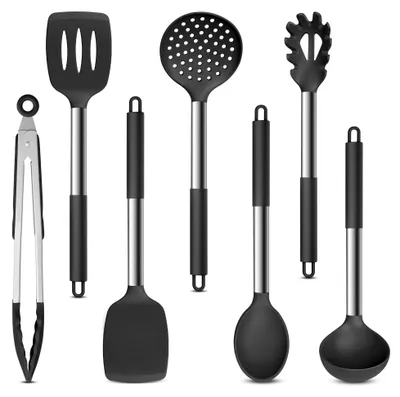 Produktbild von Küchenhelfer Set Silikon Kochlöffel - Edelstahlgriff - Schwarz - 7-teilig