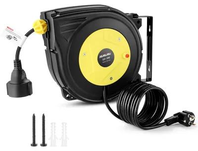 Productafbeelding van Himimi Automatische Kabelhaspel, 13 meter, 1250W 2000W, Kabeloproller, 10 meter + 3 meter, stroomhaspel, verlengkabel voor buiten, wandmontage, overbelastingsbeveiliging, geschikt voor wand- en plafondmontage, 180° draaibaar