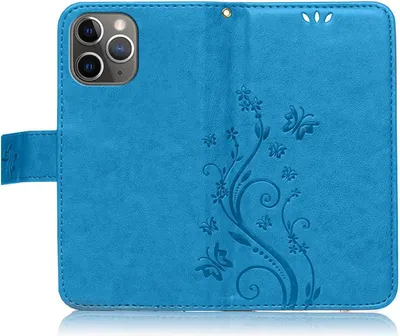 A blue flip case for an Apple iPhone 13 Pro Max, featuring a floral and butterfly embossed design.