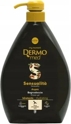 A black bottle of shower gel with a yellow pump dispenser.
