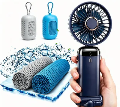 Produktbild von Mini Handventilator mit Kühlhandtuch Set, 5 Geschwindigkeiten, 3200mAh Akku, LED-Display, 90° Faltbarer USB Ventilator, 2 x Cooling Towel 100 x 30cm
