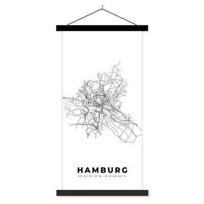 Produktbild von MuchoWow® Textilposter Schwarz und weiß - Deutschland - Karte - Stadtplan - Hamburg 90x180 cm mit schwarzem Rahmen - Dekoration Wohnzimmer