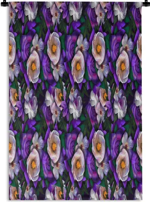 Produktbild von MuchoWow® Wandteppich Wandbehang Blumen - Lila - Muster 90x135 cm Tapisserie Dekoration Wandtuch - Baumwolle - Wandskulptur