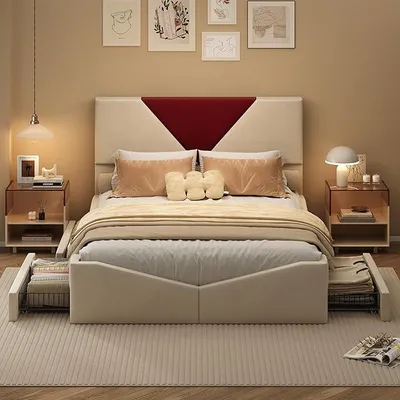Obrázok produktu pre Postel s čalúnením, 160x200 cm, dvojlôžko s roštom, postel s úložným priestorom a zásuvkami, posteľ pre mládež s úložným priestorom, funkčná posteľ, rám postele s čalúnenou opierkou, bez matraca (béžová)