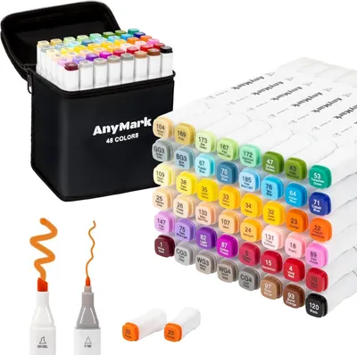 Produktbild von Alkohol Marker 48 Farben, doppelseitige Stifte, Keilspitze und feine Spitze, für Illustrationen