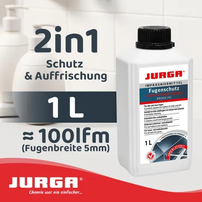 Produktbild von Jurga Fugenimprägnierung 1L, Versiegelung zwischen Fliesen für BAD, DUSCHE, KÜCHE, Fugenschutz für mineralische Fugen vor Feuchtigkeit Verschmutzungen