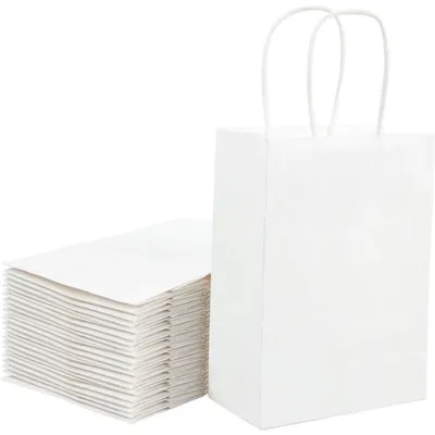 Image de Sacs cadeaux en papier kraft, blancs, de 15x8x21 cm, lot de 25, avec poignées