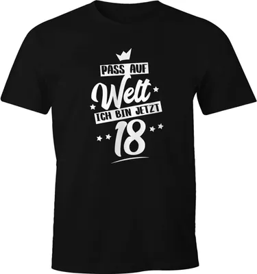 Produktbild von Herren T-Shirt Pass auf Welt ich bin jetzt 18 Fun-Shirt Geschenk-Shirt 18. Geburtstag Volljährigkeit Moonworks® schwarz L