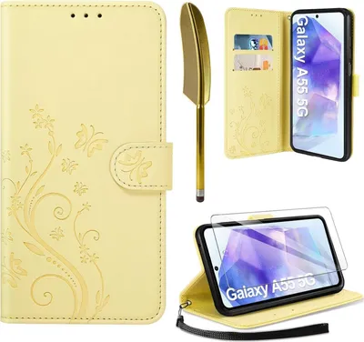 Produktbild von AROYI Samsung Galaxy A55 5G Lederhülle Gelb mit Schutzhülle und Kartensteckplätzen
