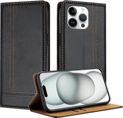Produktbild von Handyhülle für iPhone 14 Pro Max Leder Flip Klappbare Schutzhülle mit Standfunktion Schwarz