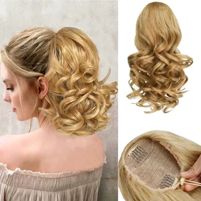 Image de Panne de cheveux type queue de cheval avec cordon de serrage, courte et ondulée, en fibres synthétiques, de couleur blonde, longueur 26 cm, avec des reflets dorés
